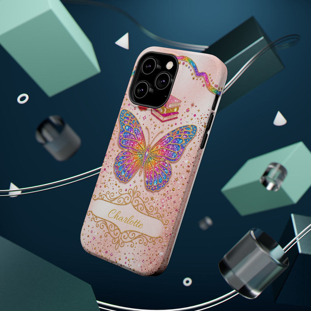 Blush Glitter Butterfly Personalized Teacher Phone Case — Wireless Charging Cover