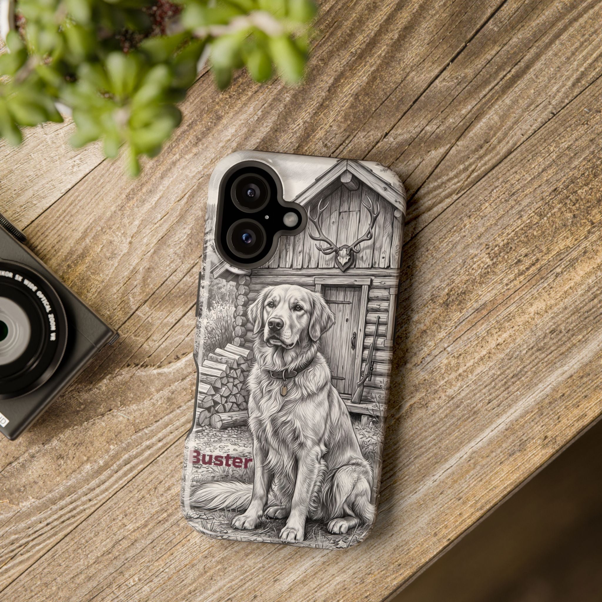 Personalized Golden Retriever Cabin Porch Phone Case — Wireless Charging Cover