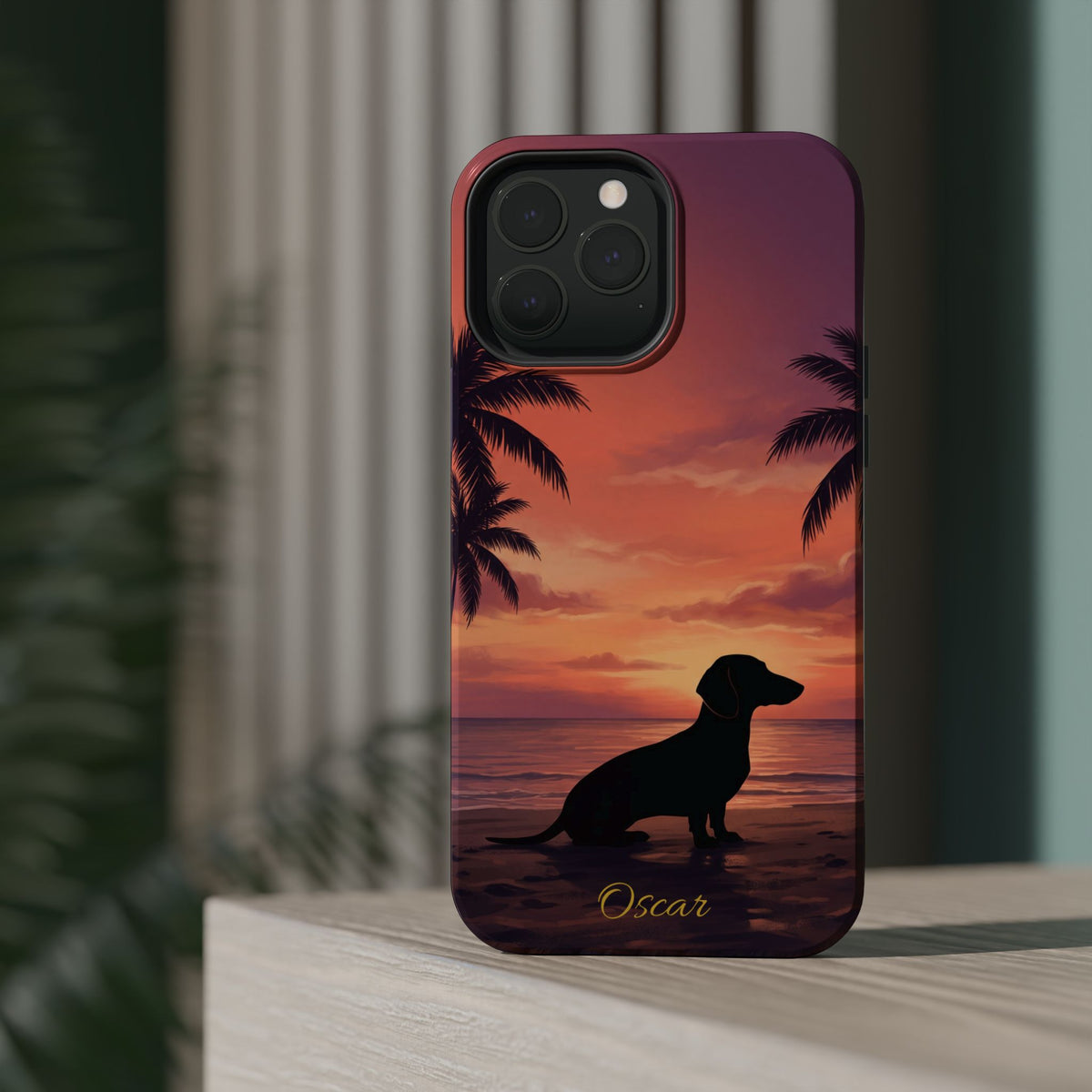 Personalized Dachshund Tropical Beach Sunset Phone Case — Wireless Charging Cover