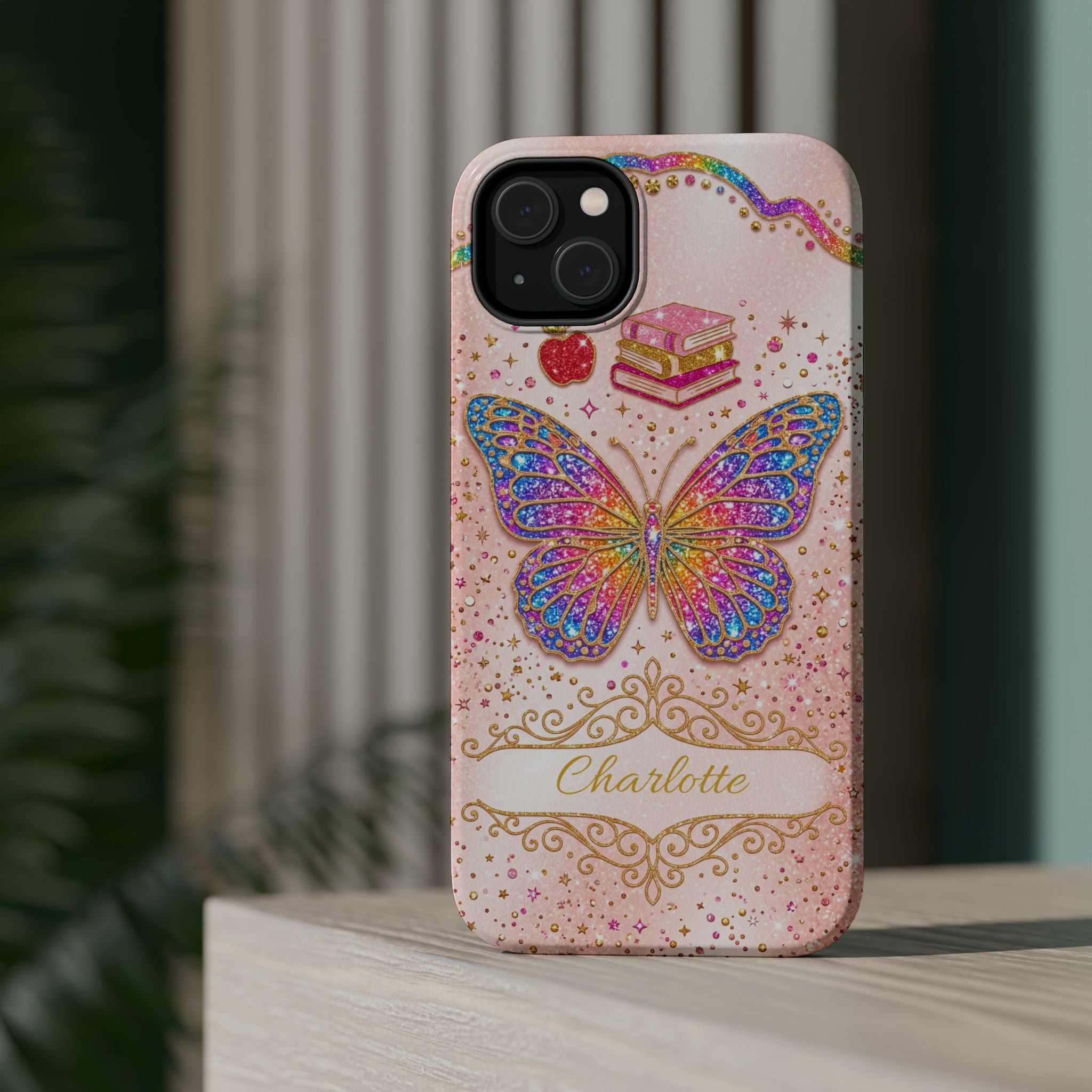 Blush Glitter Butterfly Personalized Teacher Phone Case — Wireless Charging Cover