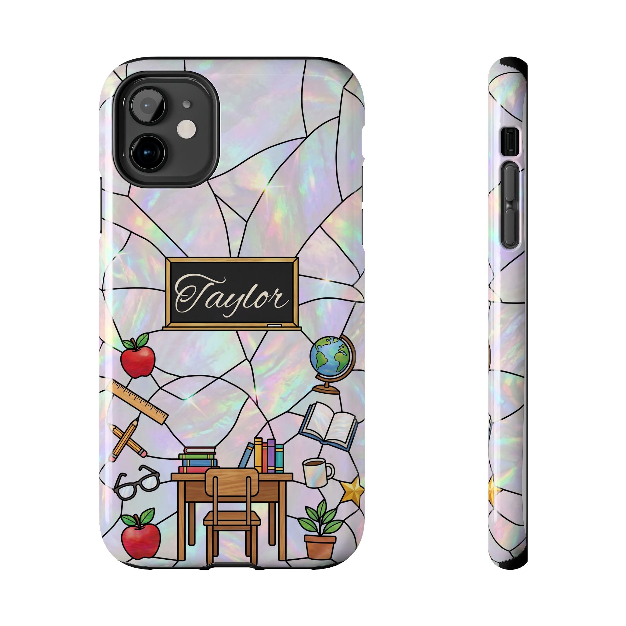 Personalized Teacher Phone Case — Custom Name Stained Glass Classroom Design