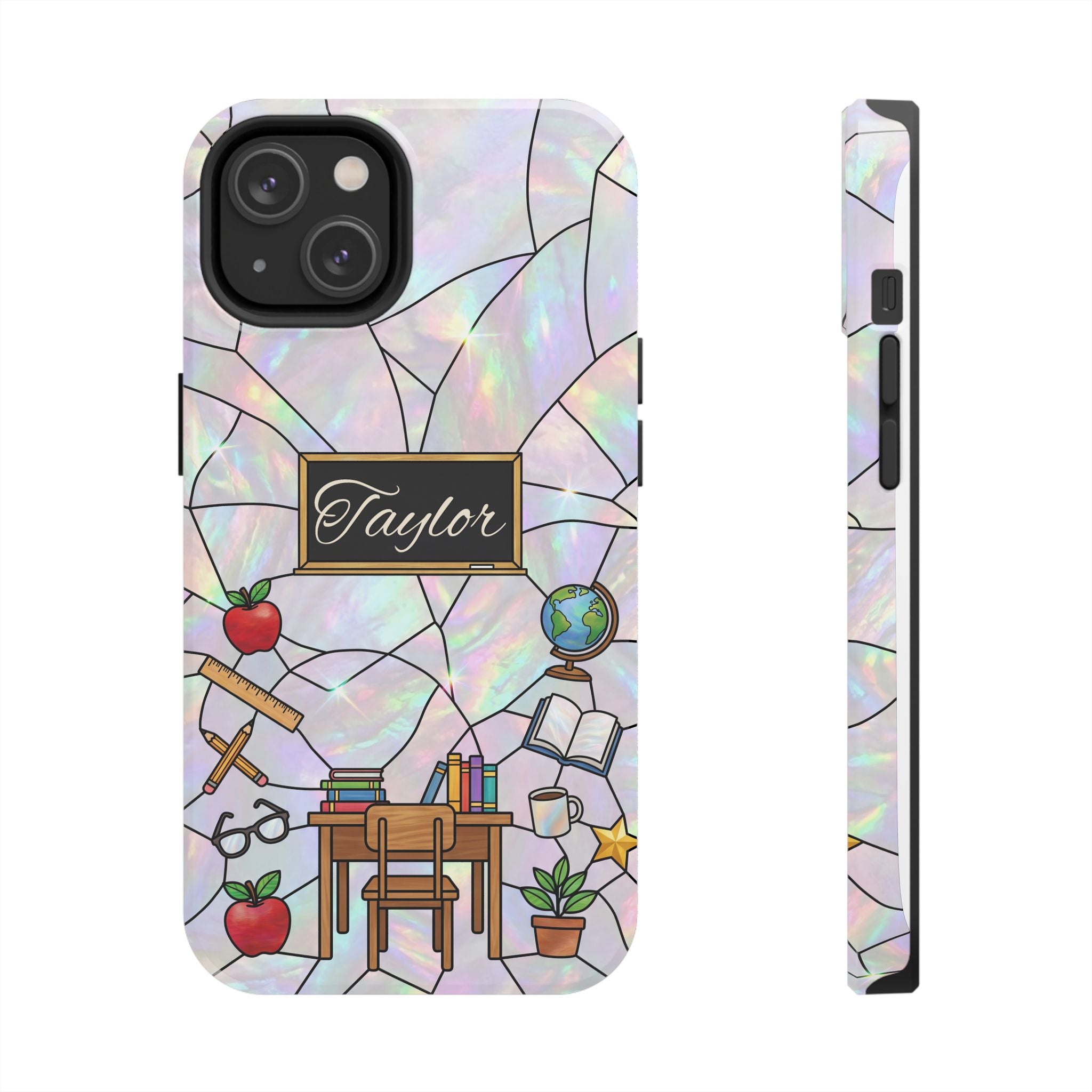 Personalized Teacher Phone Case — Custom Name Stained Glass Classroom Design
