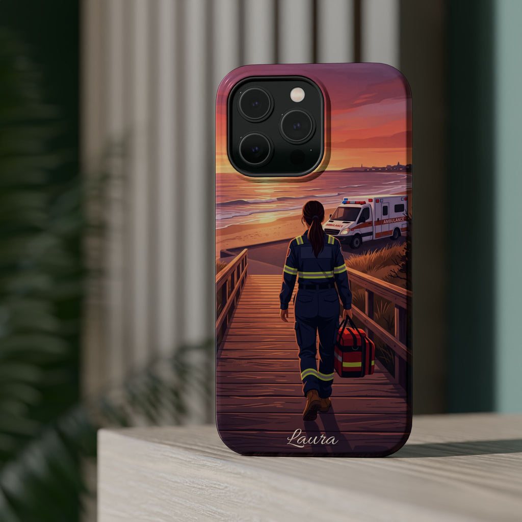 Sunset Boardwalk Personalized Paramedic Phone Case — Wireless Charging Cover