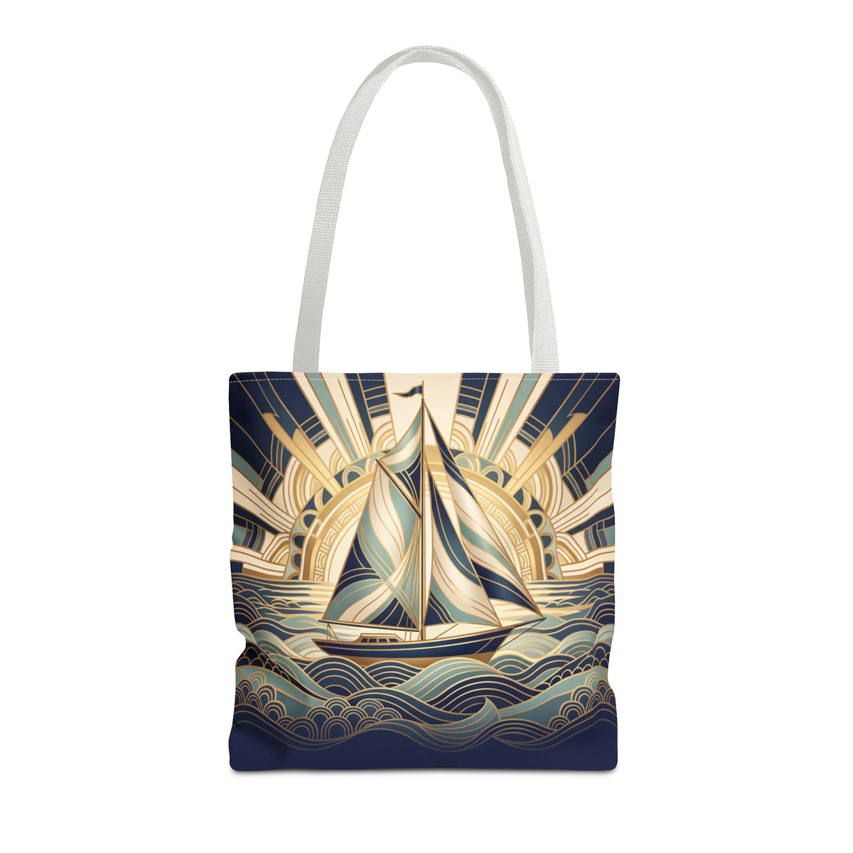Art Deco Sailboat Tote Bag – Golden Sunburst Nautical Beach Bag
