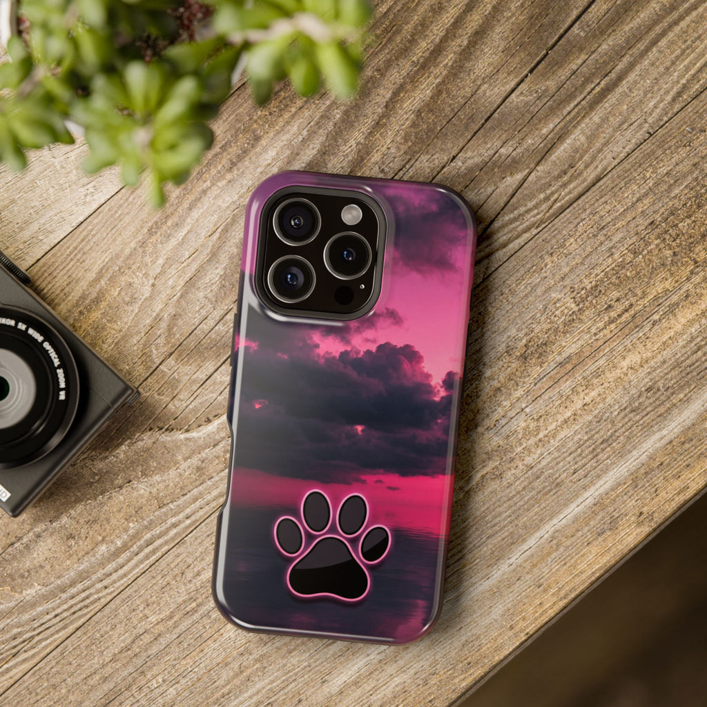 iPhone & Samsung Magnetic Impact-Resistant Phone Case — Pink Twilight Cloud with Paw Print