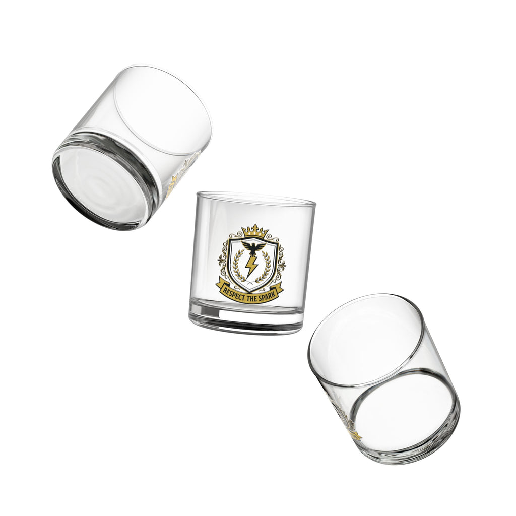 Respect The Spark Crest Rocks Glass 10oz — Black & Gold Electrician Glass