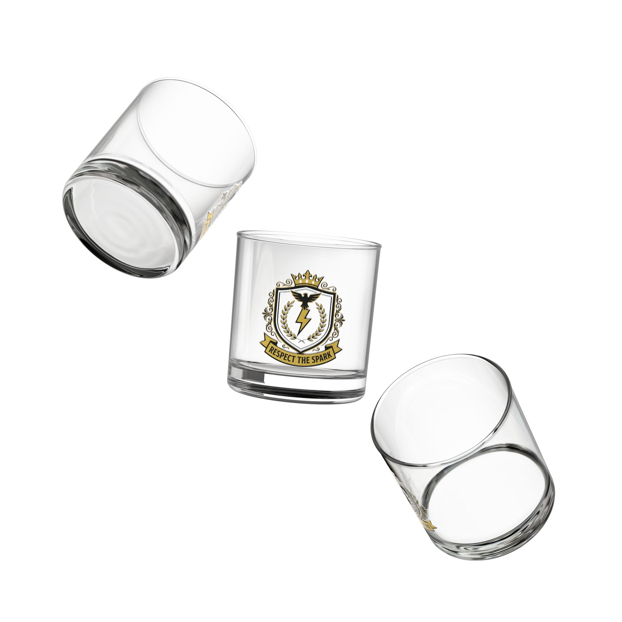 Respect The Spark Crest Rocks Glass 10oz — Black & Gold Electrician Glass