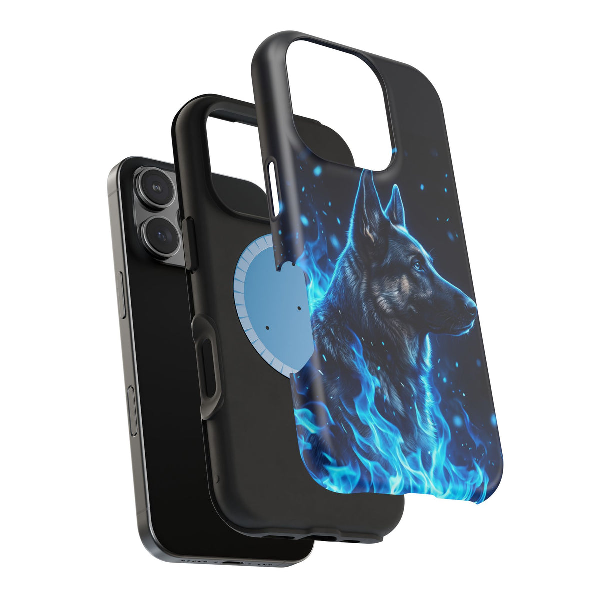 German Shepherd Phone Case | Blue Flame Art — Tough Magnetic Case with Wireless Charging