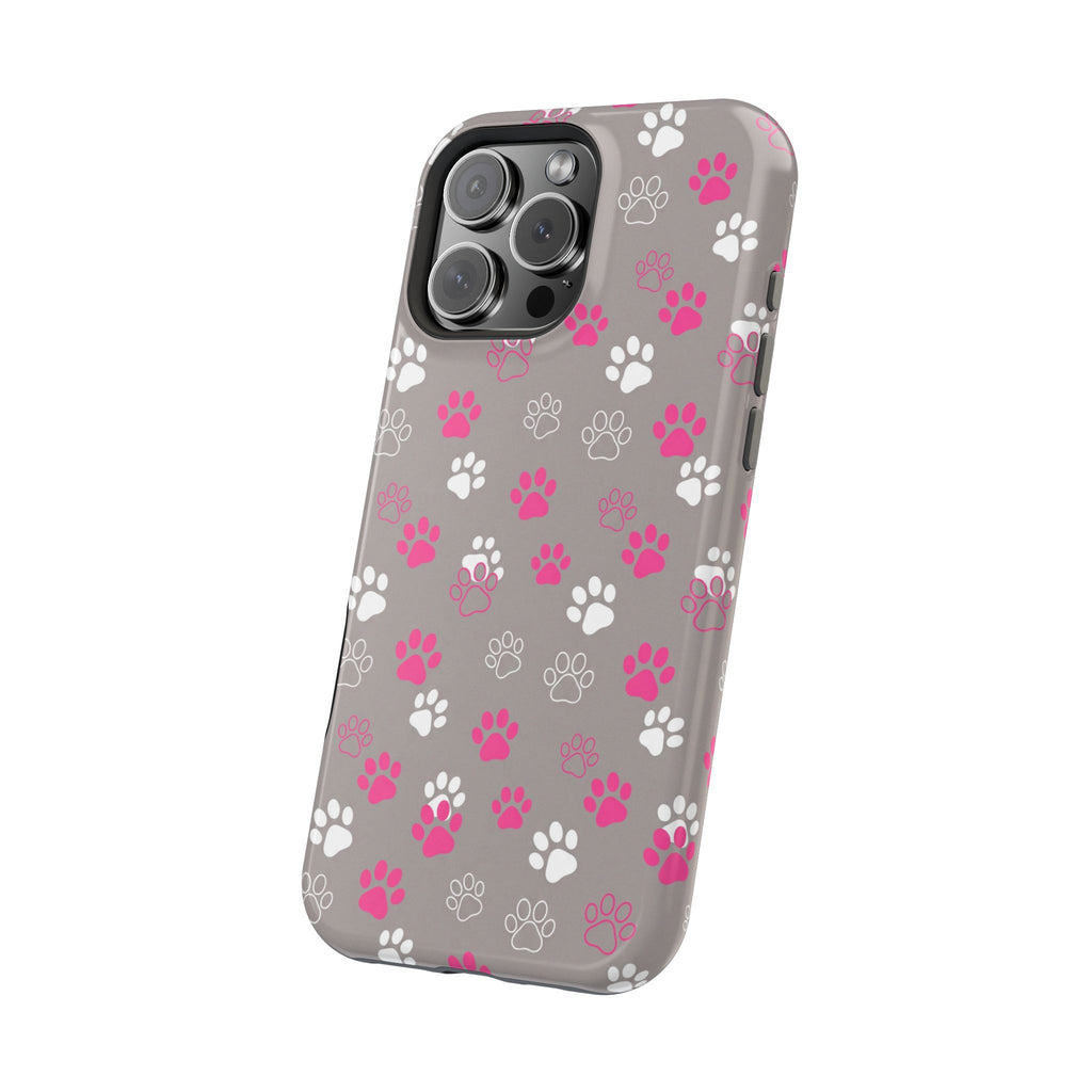 Pink & White Paw Print Phone Case — Impact-Resistant Wireless Charging Cover