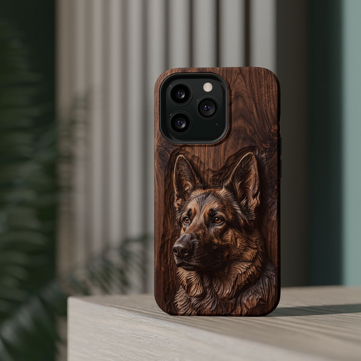 German Shepherd Phone Case | Carved Walnut Art — Tough Magnetic Case with Wireless Charging