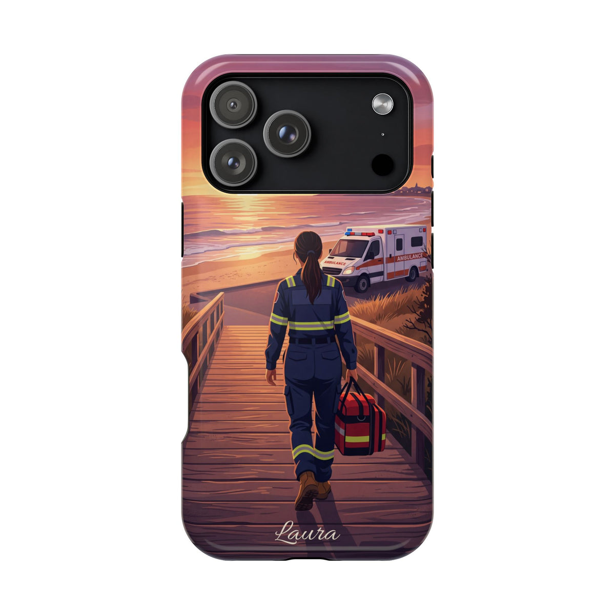 Sunset Boardwalk Personalized Paramedic Phone Case — Wireless Charging Cover