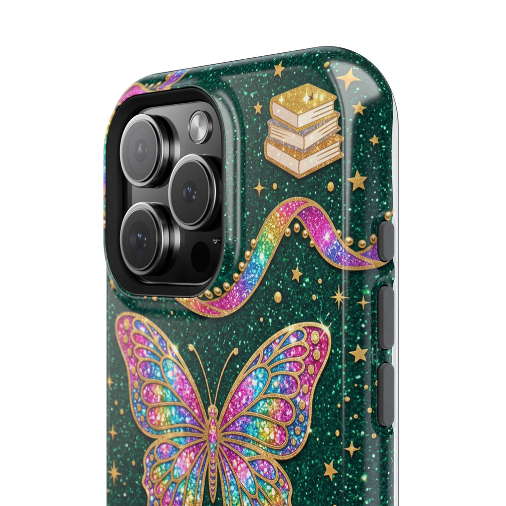 Rainbow Glitter Butterfly Personalized Teacher Phone Case — Wireless Charging Cover