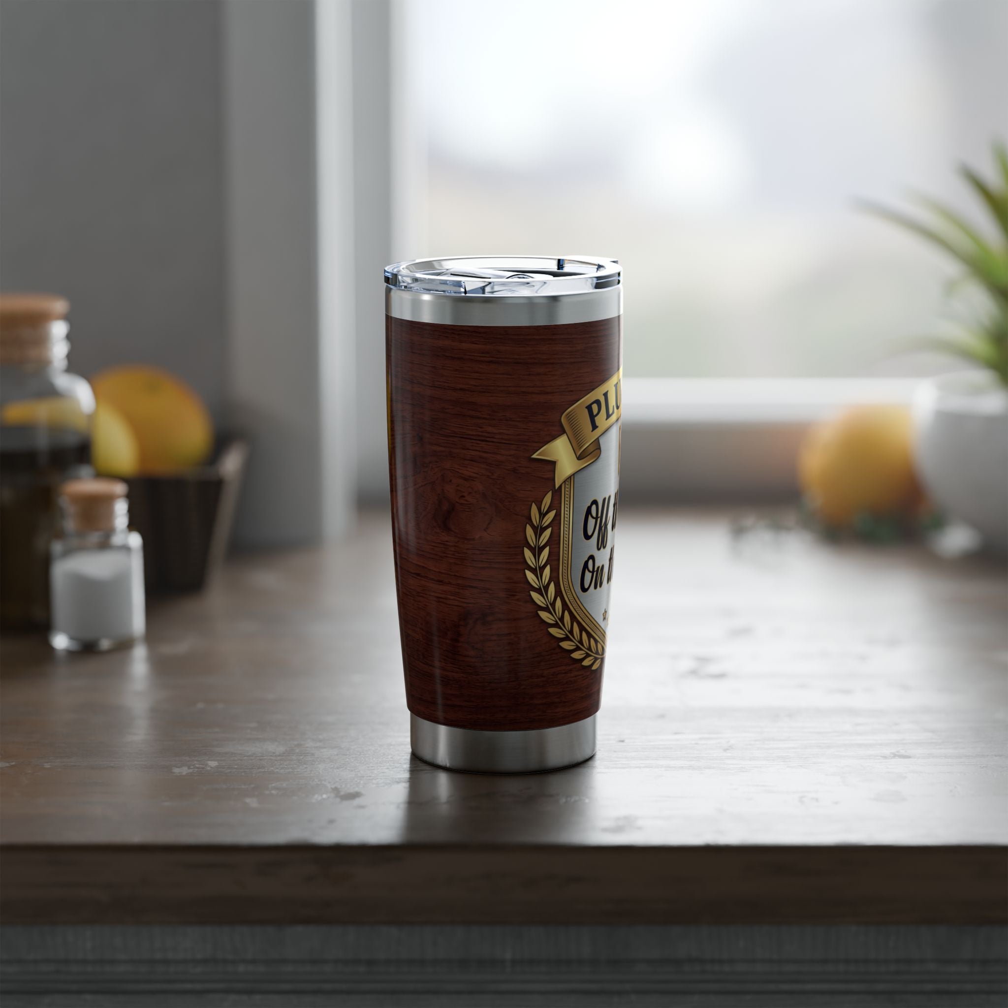 Off Duty Plumber Tumbler – "Off The Clock, On The Rocks" Wood Grain Crest 20 oz