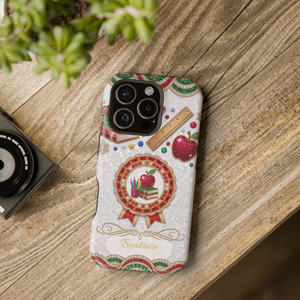 Jeweled Apple Medallion Personalized Teacher Phone Case — Wireless Charging Cover