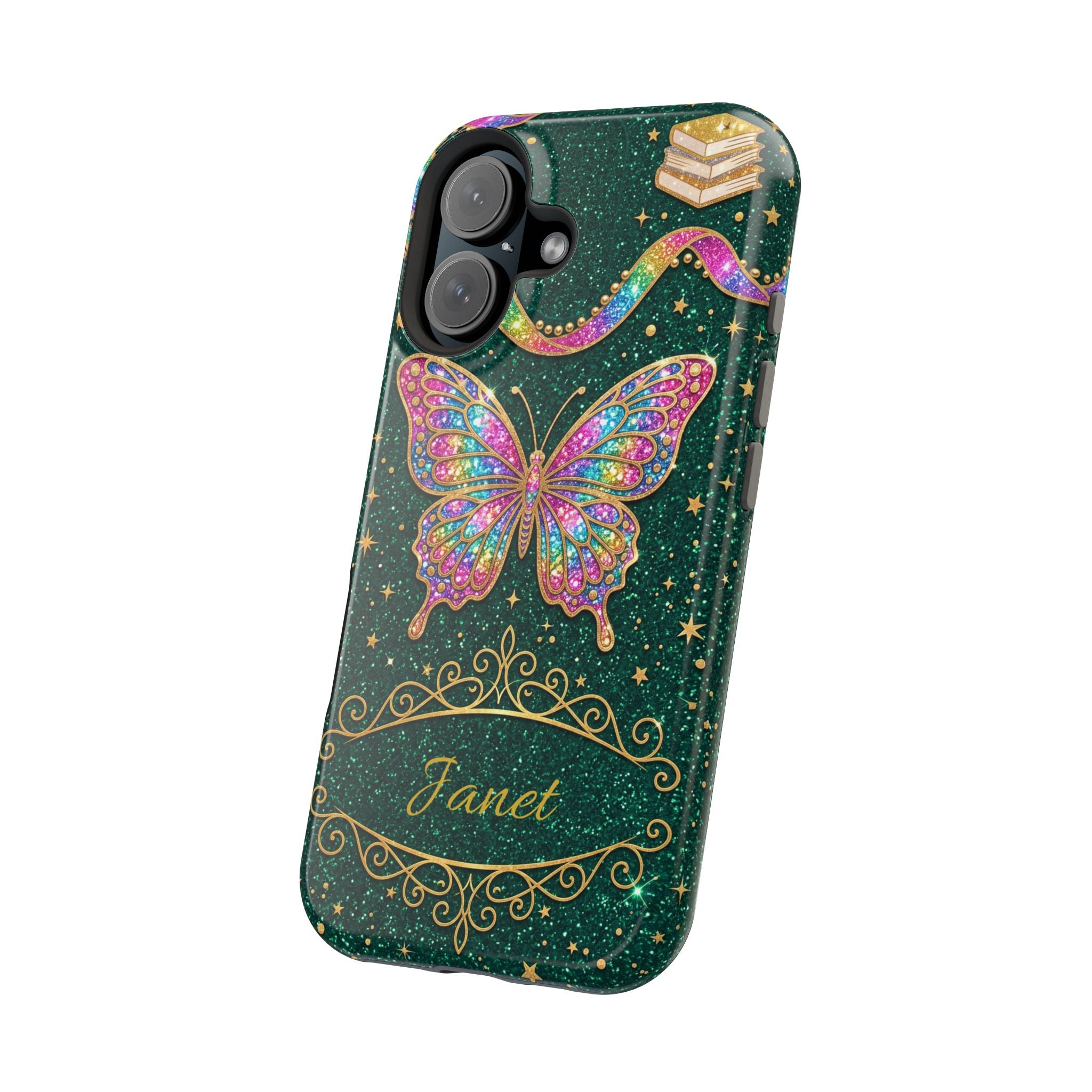 Rainbow Glitter Butterfly Personalized Teacher Phone Case — Wireless Charging Cover