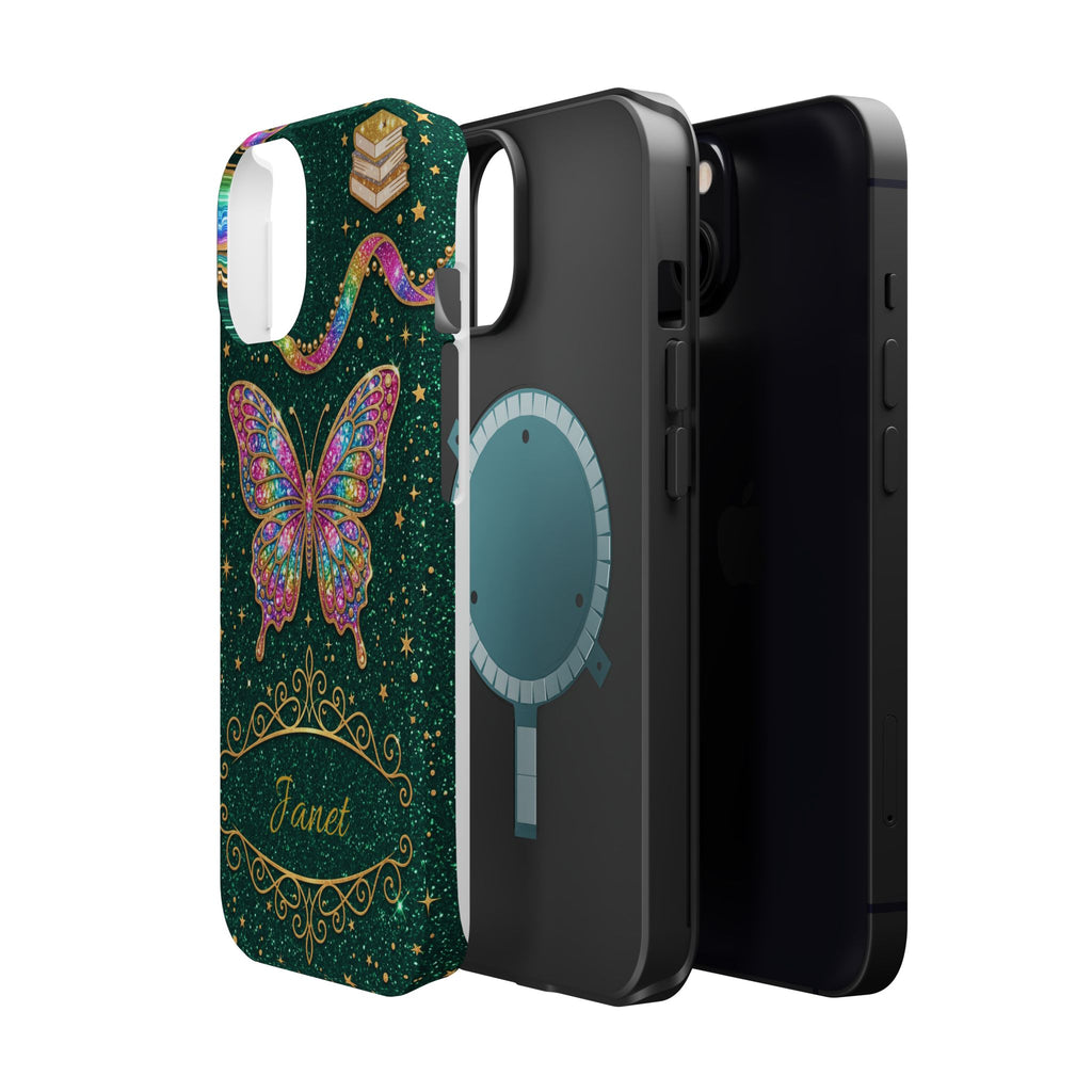 Rainbow Glitter Butterfly Personalized Teacher Phone Case — Wireless Charging Cover