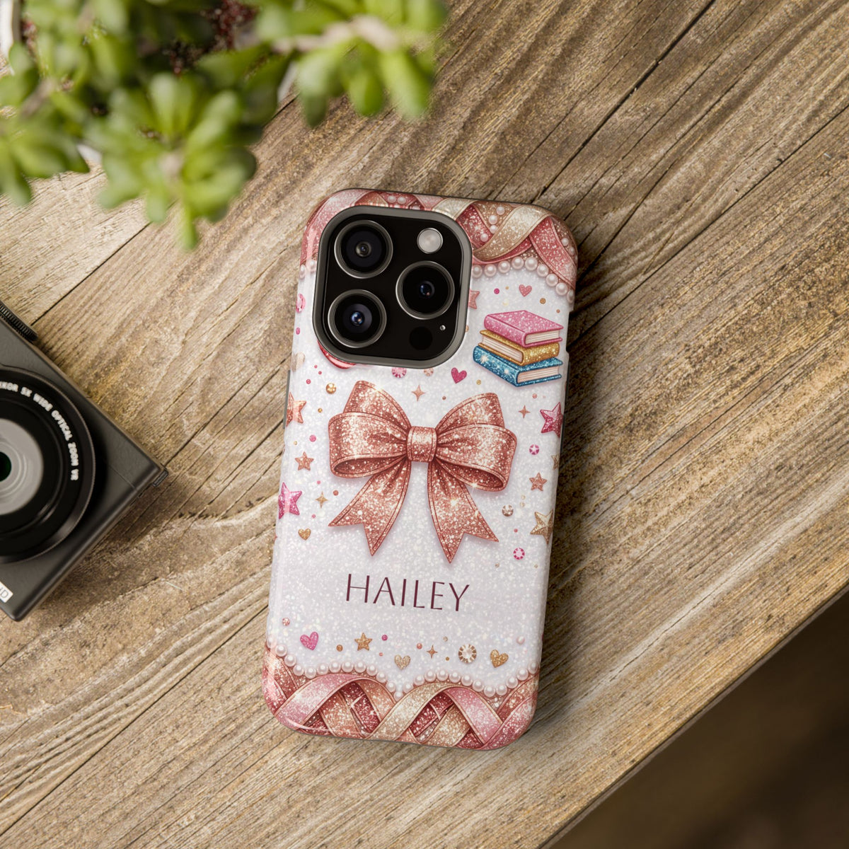 Rose Gold Glitter Bow Personalized Teacher Phone Case — Wireless Charging Cover