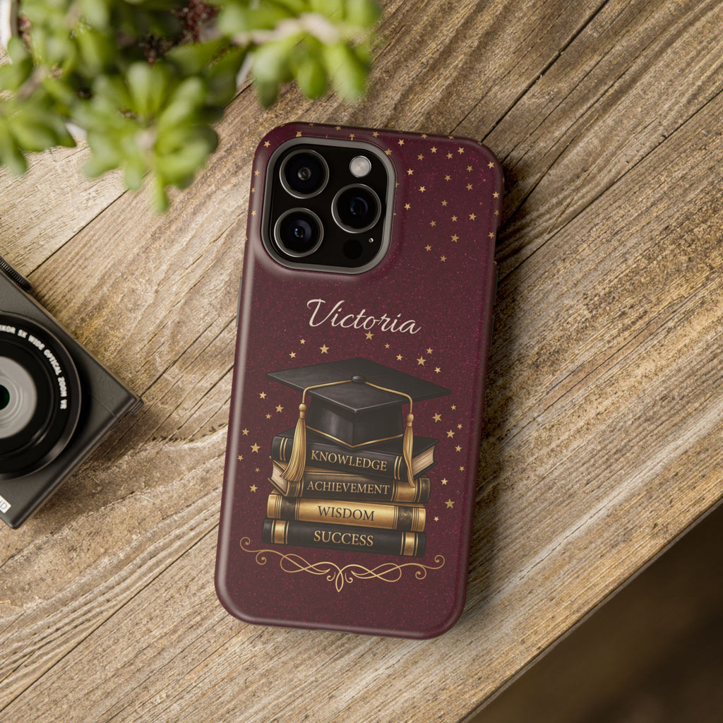 Graduation Cap & Books Personalized Teacher Phone Case — Wireless Charging Cover