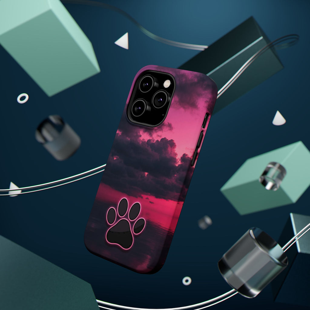 iPhone & Samsung Magnetic Impact-Resistant Phone Case — Pink Twilight Cloud with Paw Print