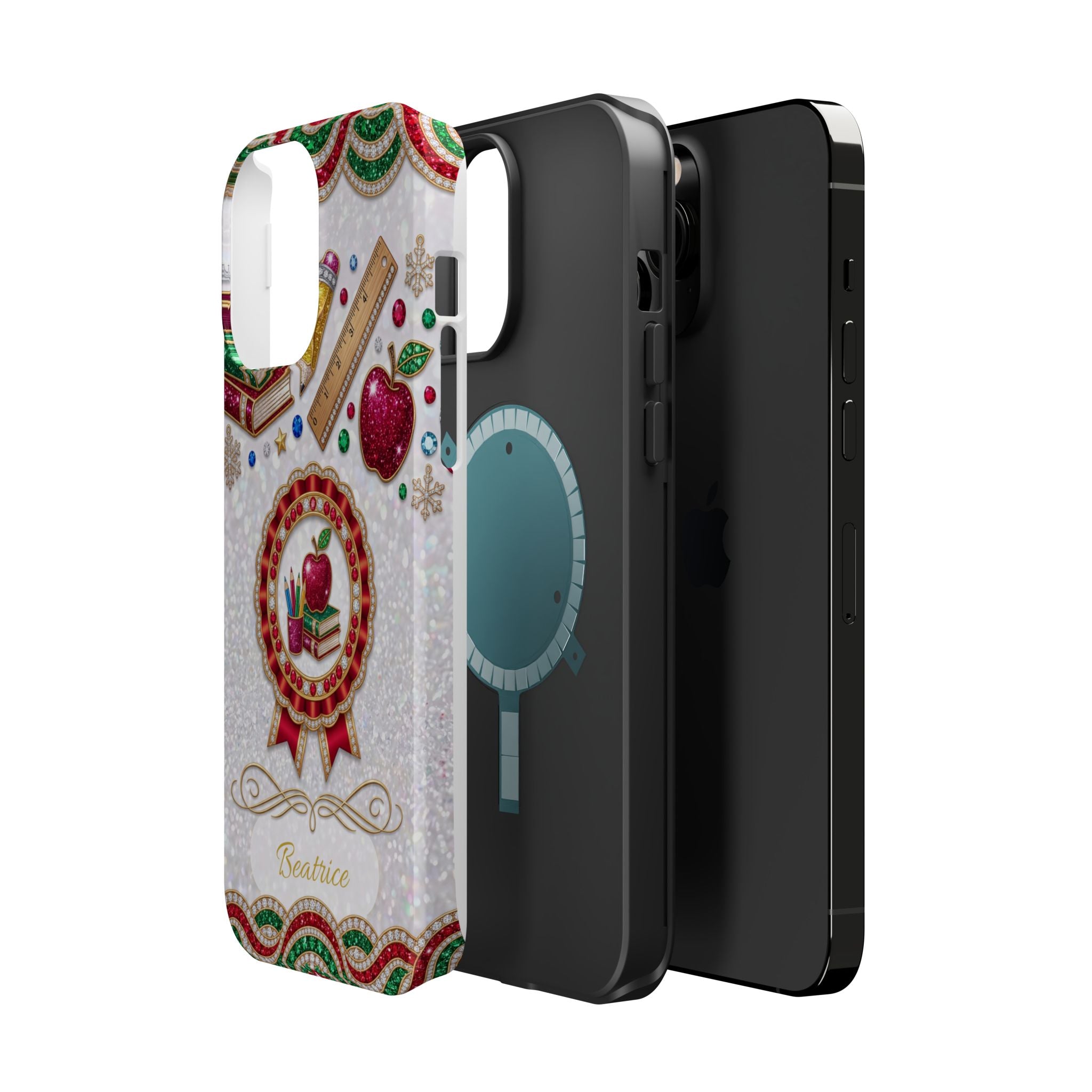 Jeweled Apple Medallion Personalized Teacher Phone Case — Wireless Charging Cover