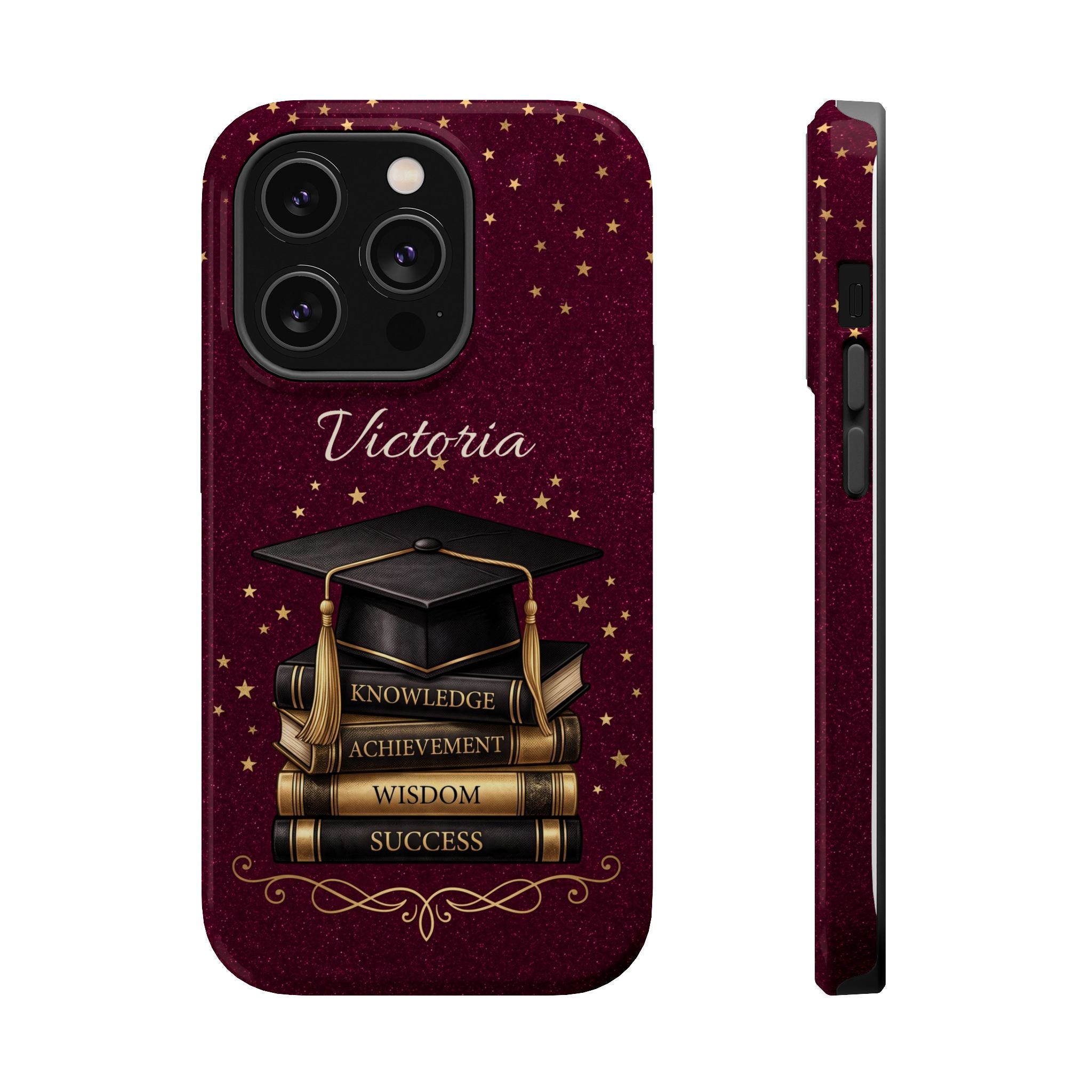 Graduation Cap & Books Personalized Teacher Phone Case — Wireless Charging Cover