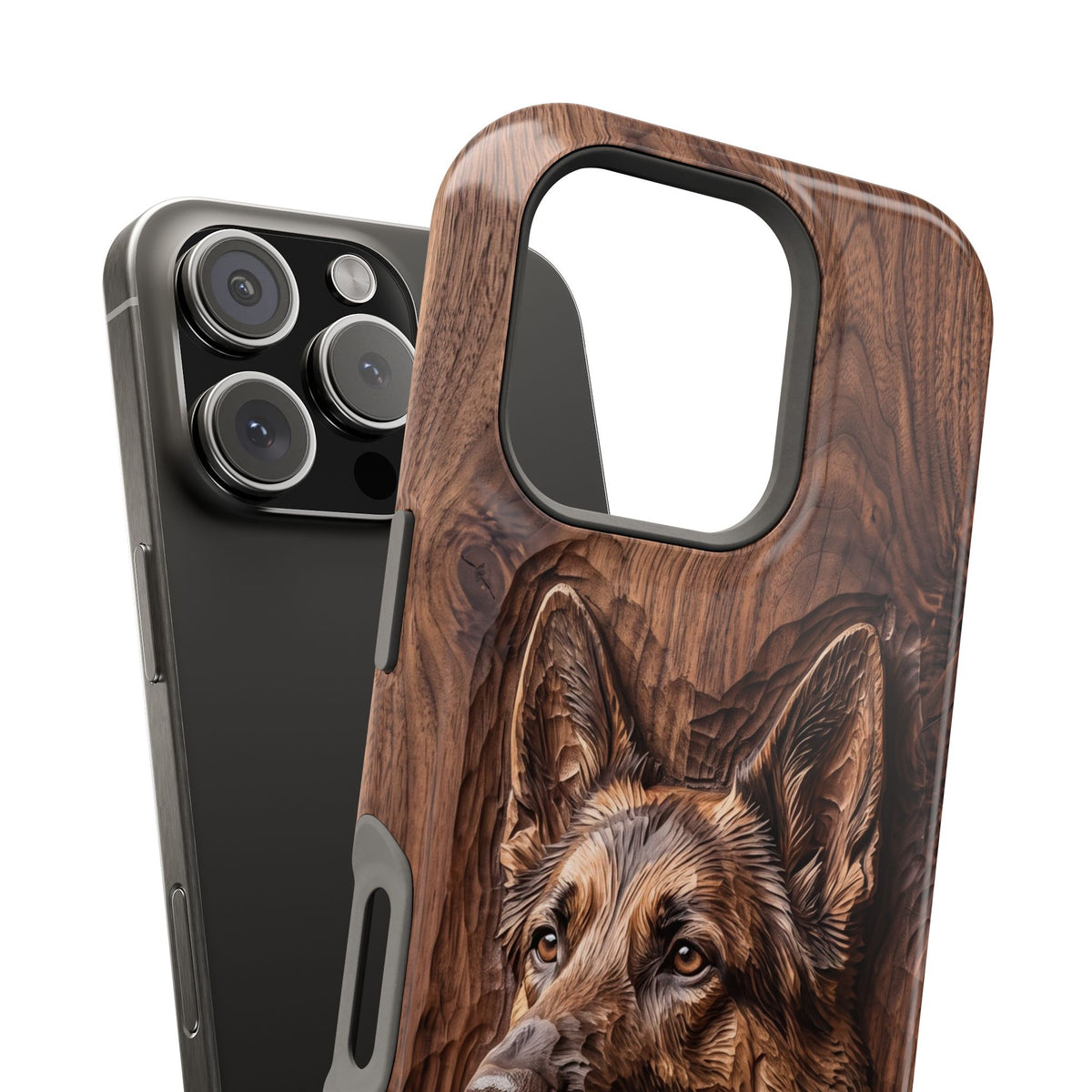 German Shepherd Phone Case | Carved Walnut Art — Tough Magnetic Case with Wireless Charging