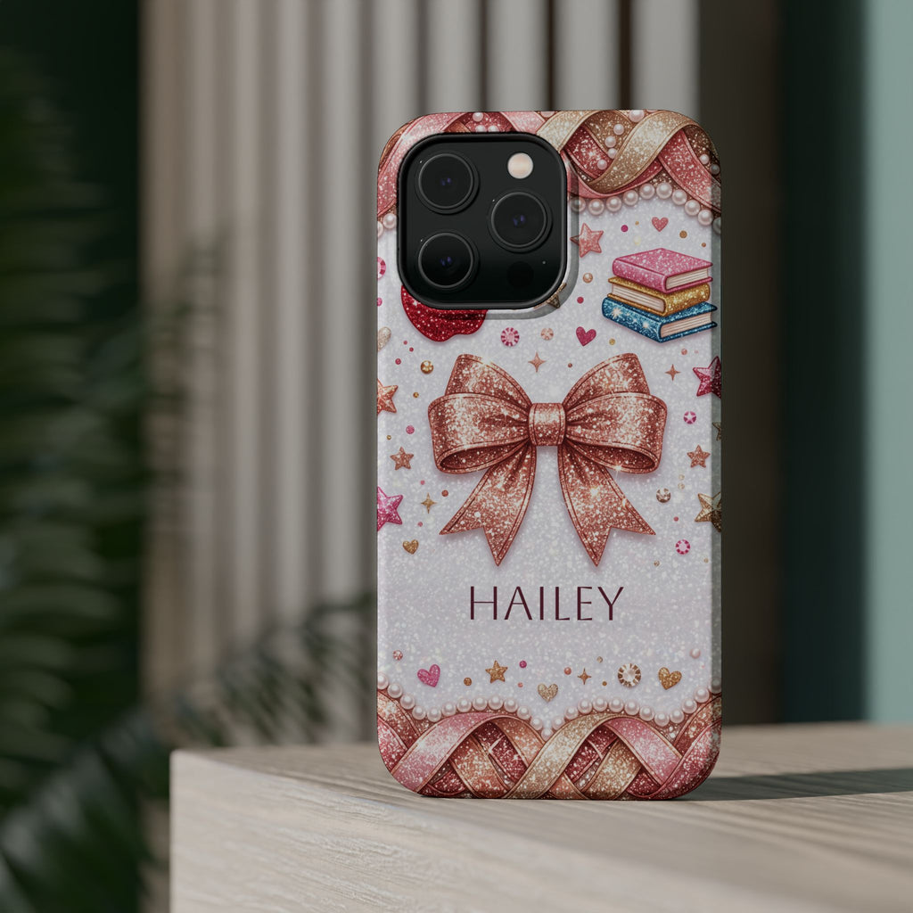 Rose Gold Glitter Bow Personalized Teacher Phone Case — Wireless Charging Cover