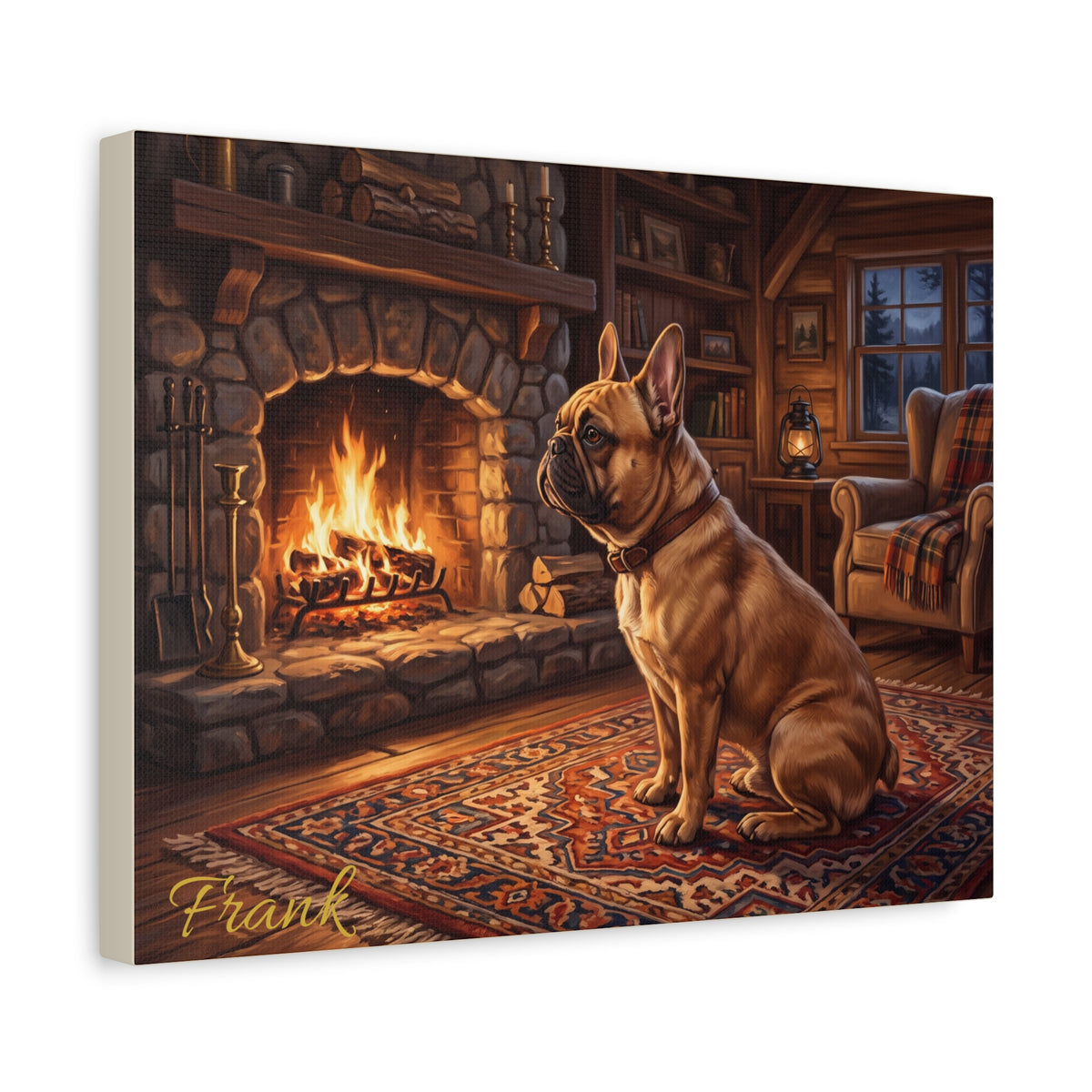 French Bulldog Personalized Canvas | Cozy Cabin Fireplace Wall Art