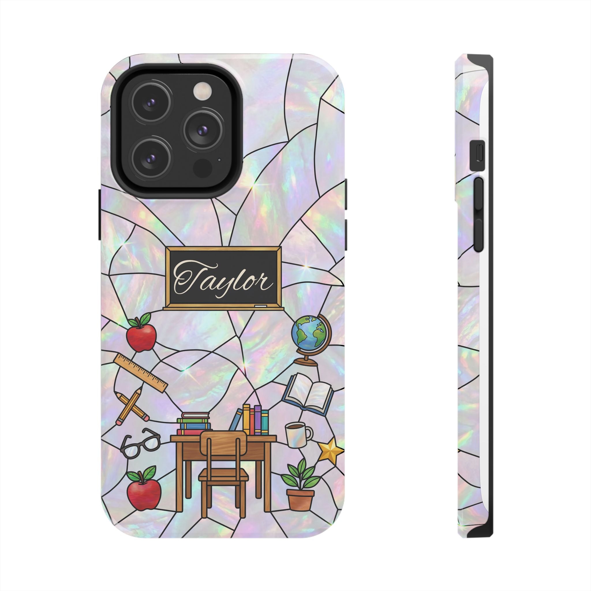Personalized Teacher Phone Case — Custom Name Stained Glass Classroom Design