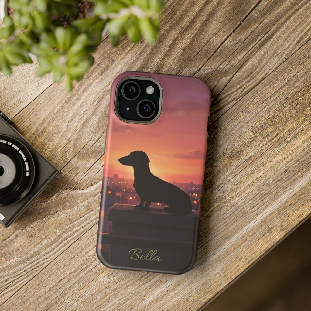 Personalized Dachshund Rooftop Sunset Phone Case — Wireless Charging Cover