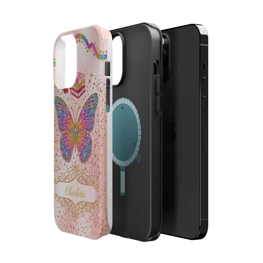 Blush Glitter Butterfly Personalized Teacher Phone Case — Wireless Charging Cover