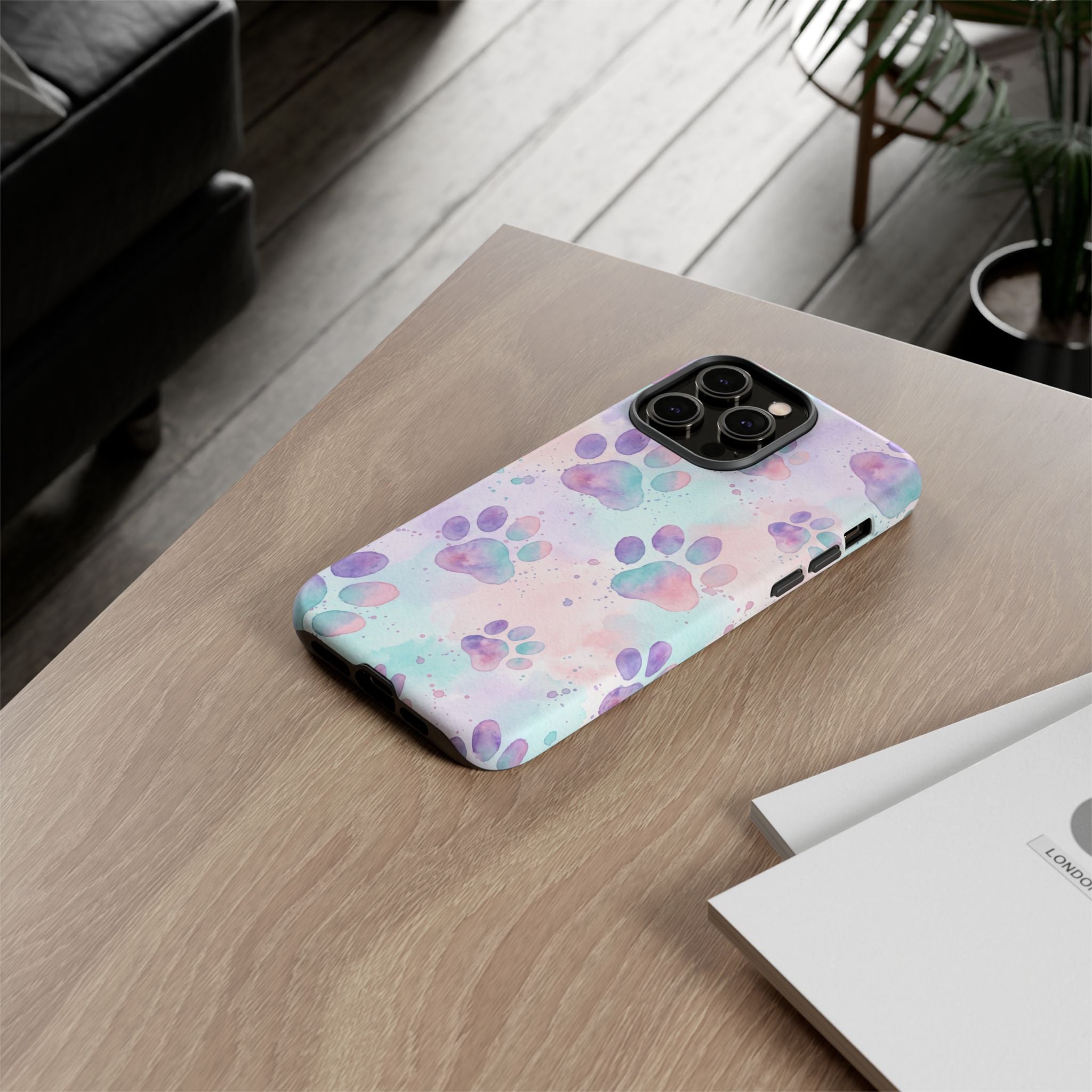 Watercolor Paw Print Phone Case | Pastel Purple, Teal & Pink Artistic Pattern | Samsung & iPhone