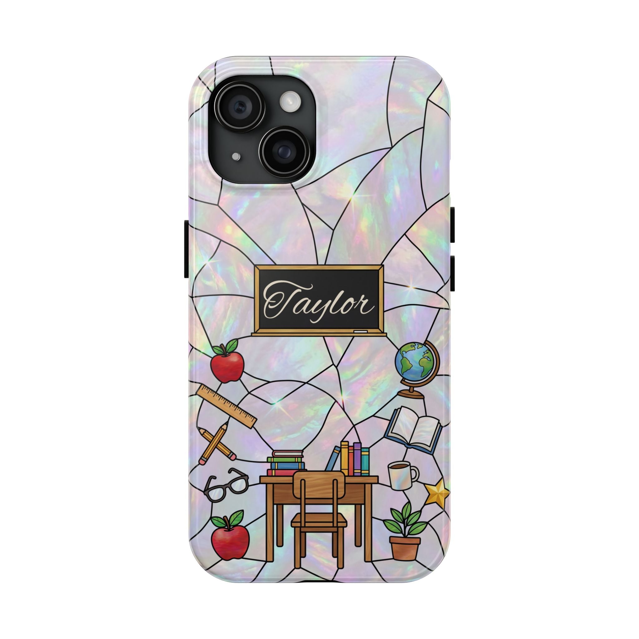 Personalized Teacher Phone Case — Custom Name Stained Glass Classroom Design