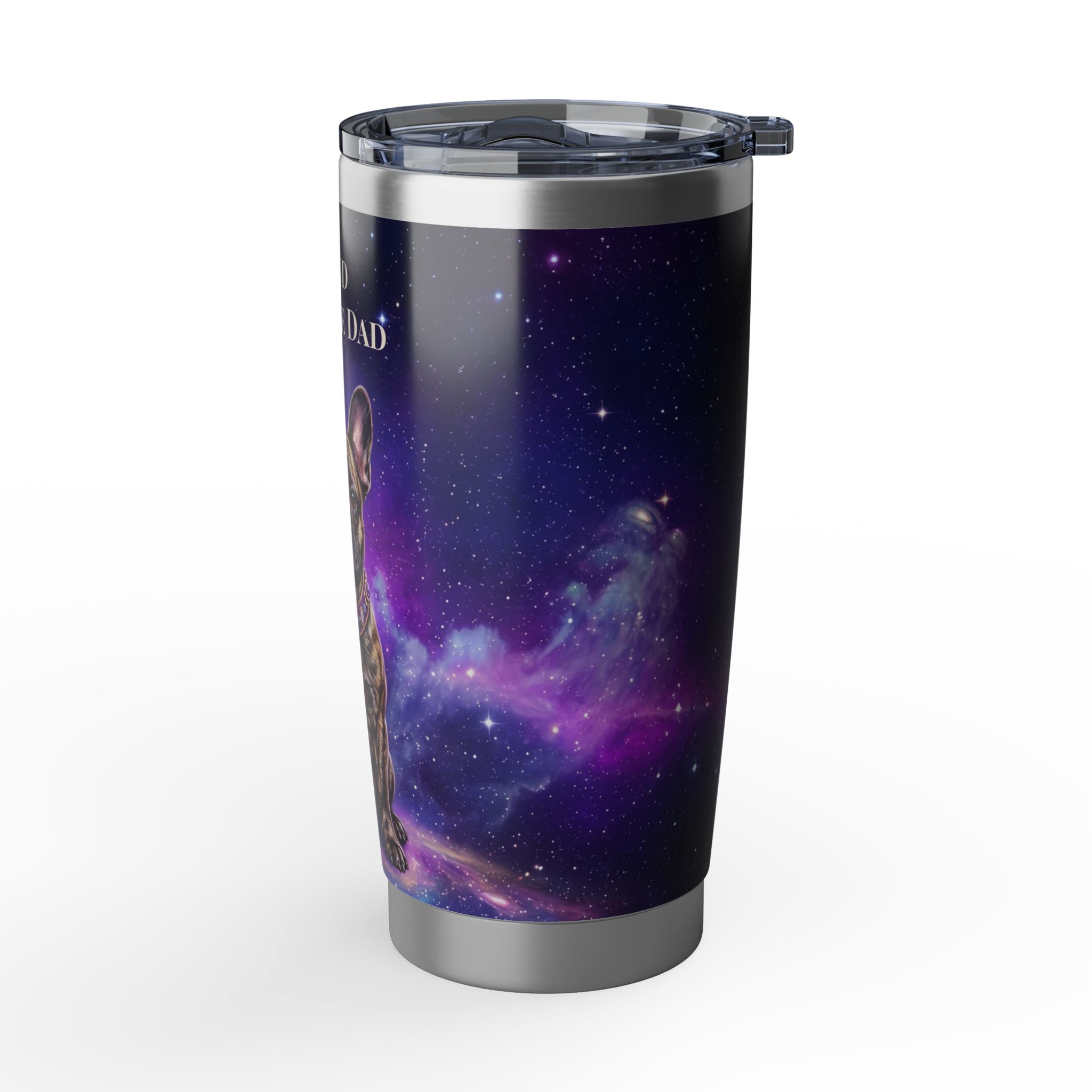 Personalized Frenchie Tumbler – Purple Galaxy Travel Mug, Custom Name Gift for Dog Dad