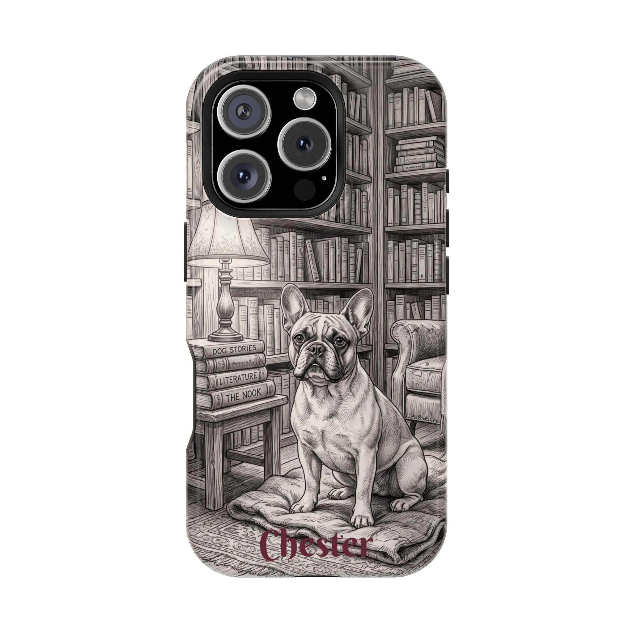 Personalized French Bulldog Library Study Phone Case — Wireless Charging Cover