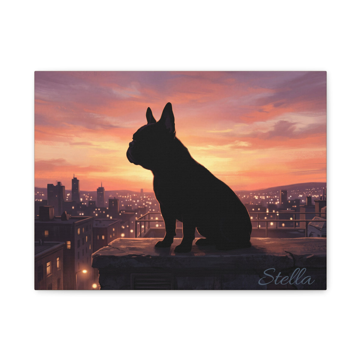 French Bulldog Silhouette Personalized Canvas | Sunset City Skyline Wall Art
