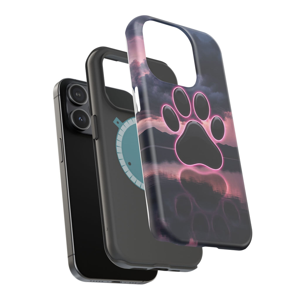 Neon Paw Print Phone Case — Impact-Resistant Wireless Charging Cover