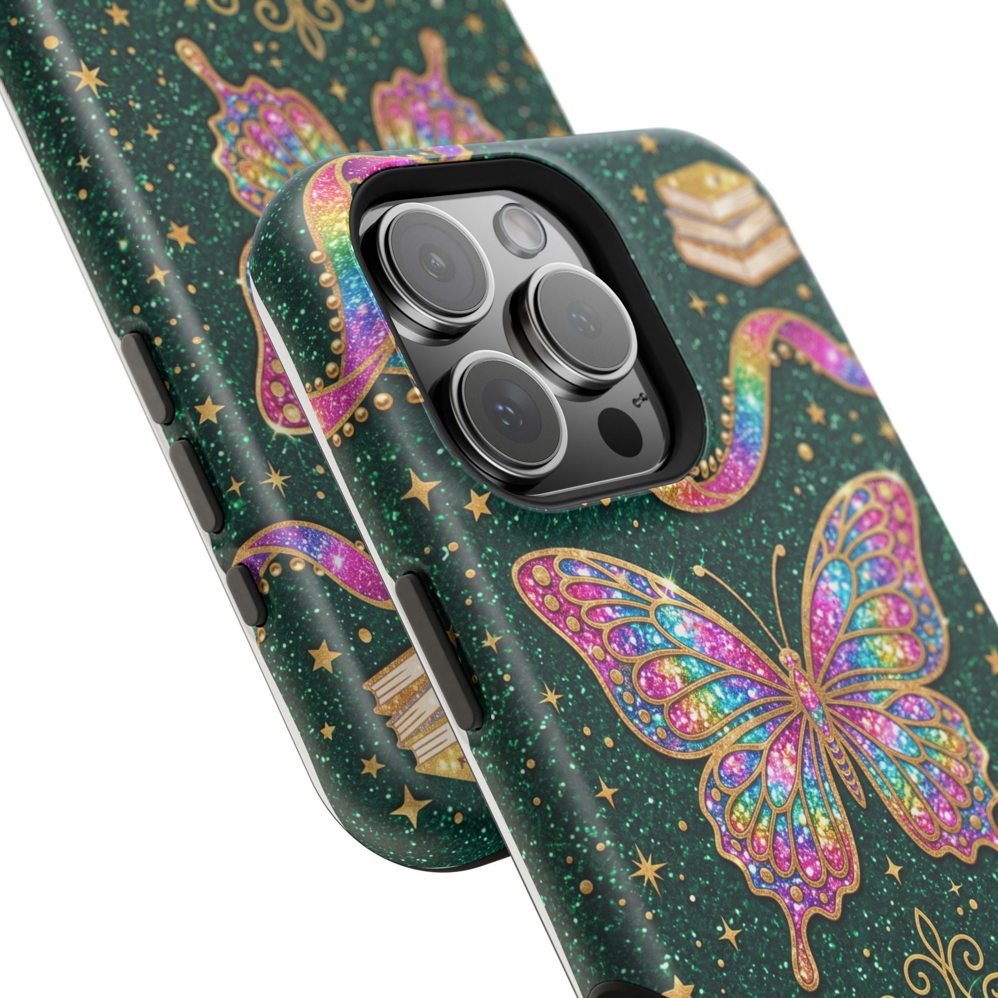 Rainbow Glitter Butterfly Personalized Teacher Phone Case — Wireless Charging Cover