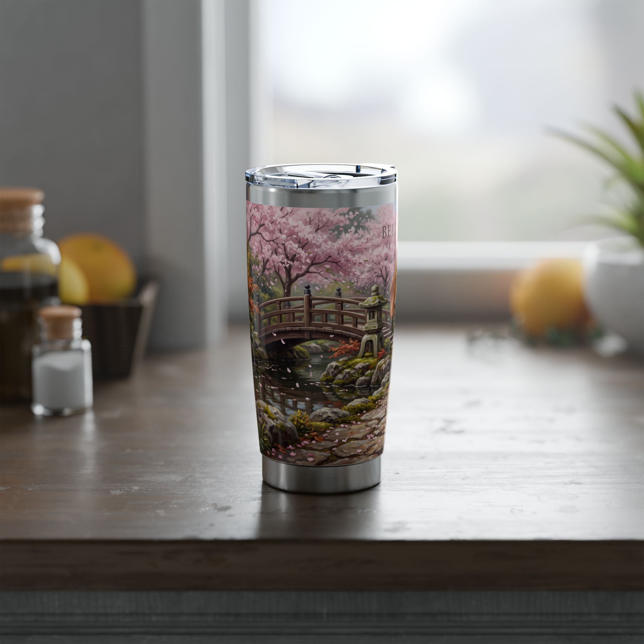 Dachshund Cherry Blossom Stainless Tumbler — 20 oz Personalized Travel Mug with Japanese Garden Design