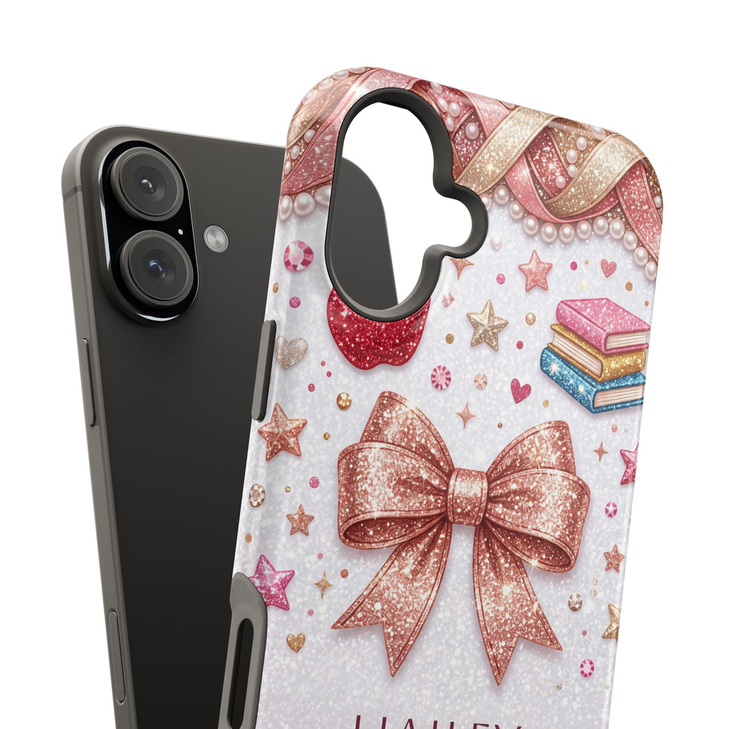 Rose Gold Glitter Bow Personalized Teacher Phone Case — Wireless Charging Cover