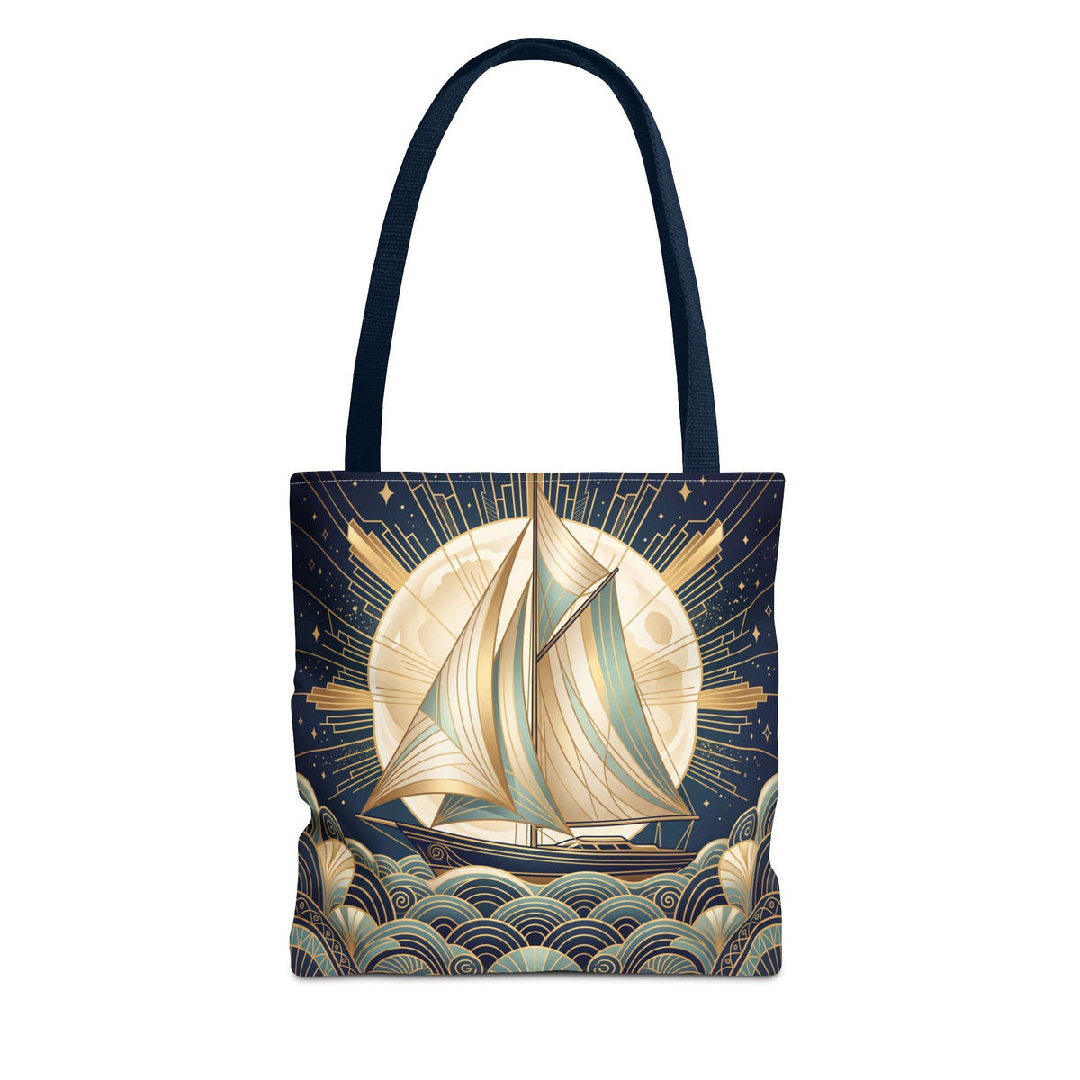 Art Deco Moonlit Sailboat Tote Bag – Starry Night Nautical Beach Bag