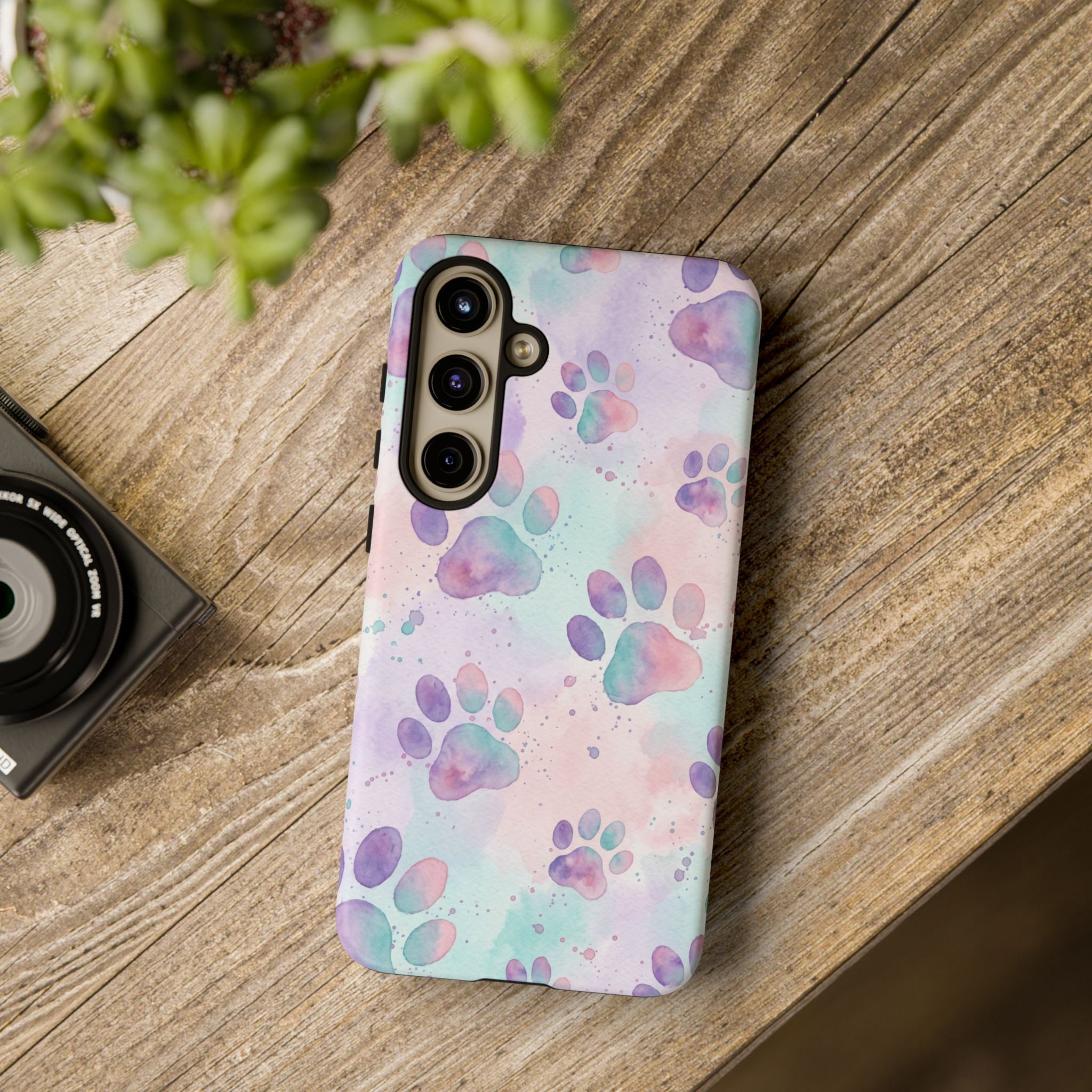 Watercolor Paw Print Phone Case | Pastel Purple, Teal & Pink Artistic Pattern | Samsung & iPhone