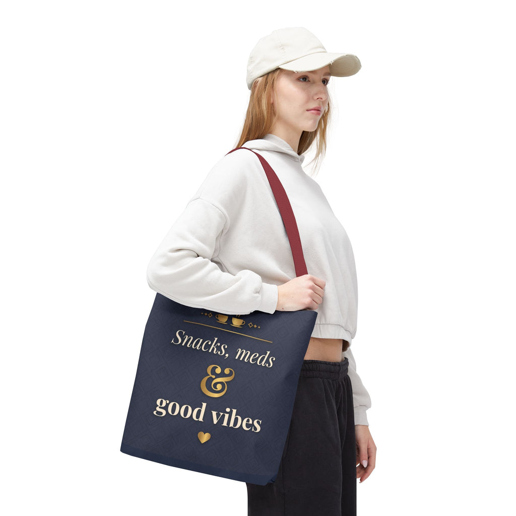 Snacks Meds & Good Vibes Tote | Funny Nurse Gift Tote Bag | Healthcare Worker Humour Gift | Premium Polyester Carry-All