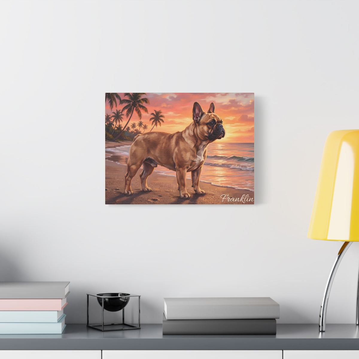 French Bulldog Personalized Canvas | Fawn Frenchie Tropical Beach Sunset Wall Art