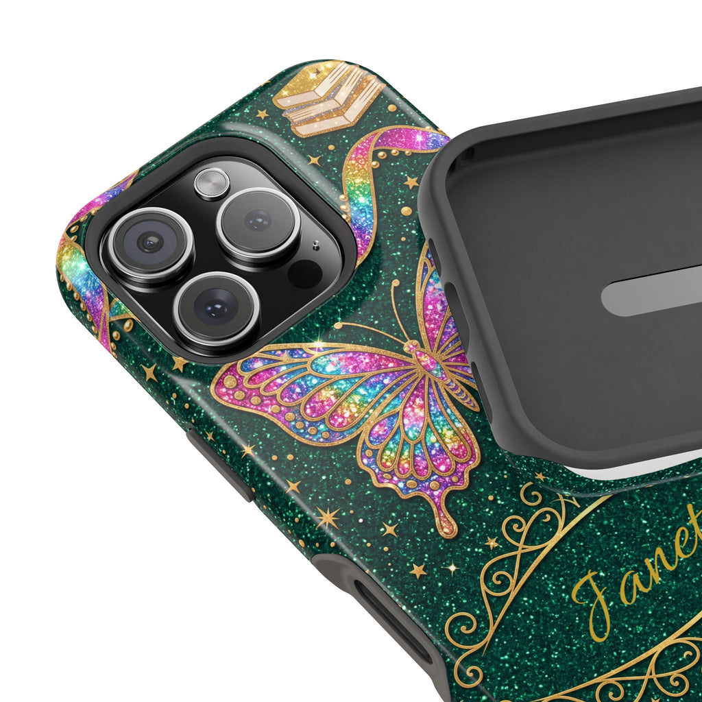 Rainbow Glitter Butterfly Personalized Teacher Phone Case — Wireless Charging Cover
