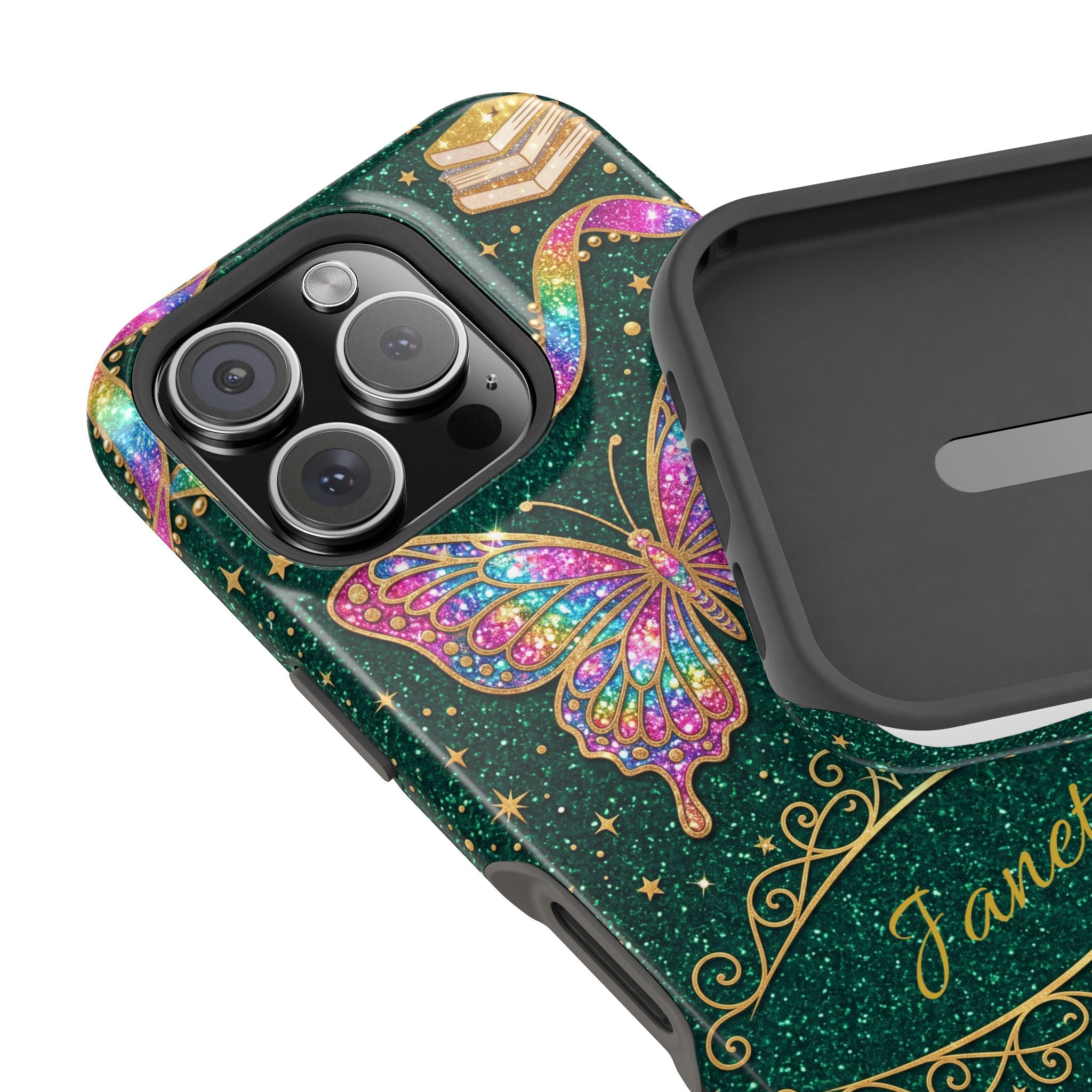 Rainbow Glitter Butterfly Personalized Teacher Phone Case — Wireless Charging Cover