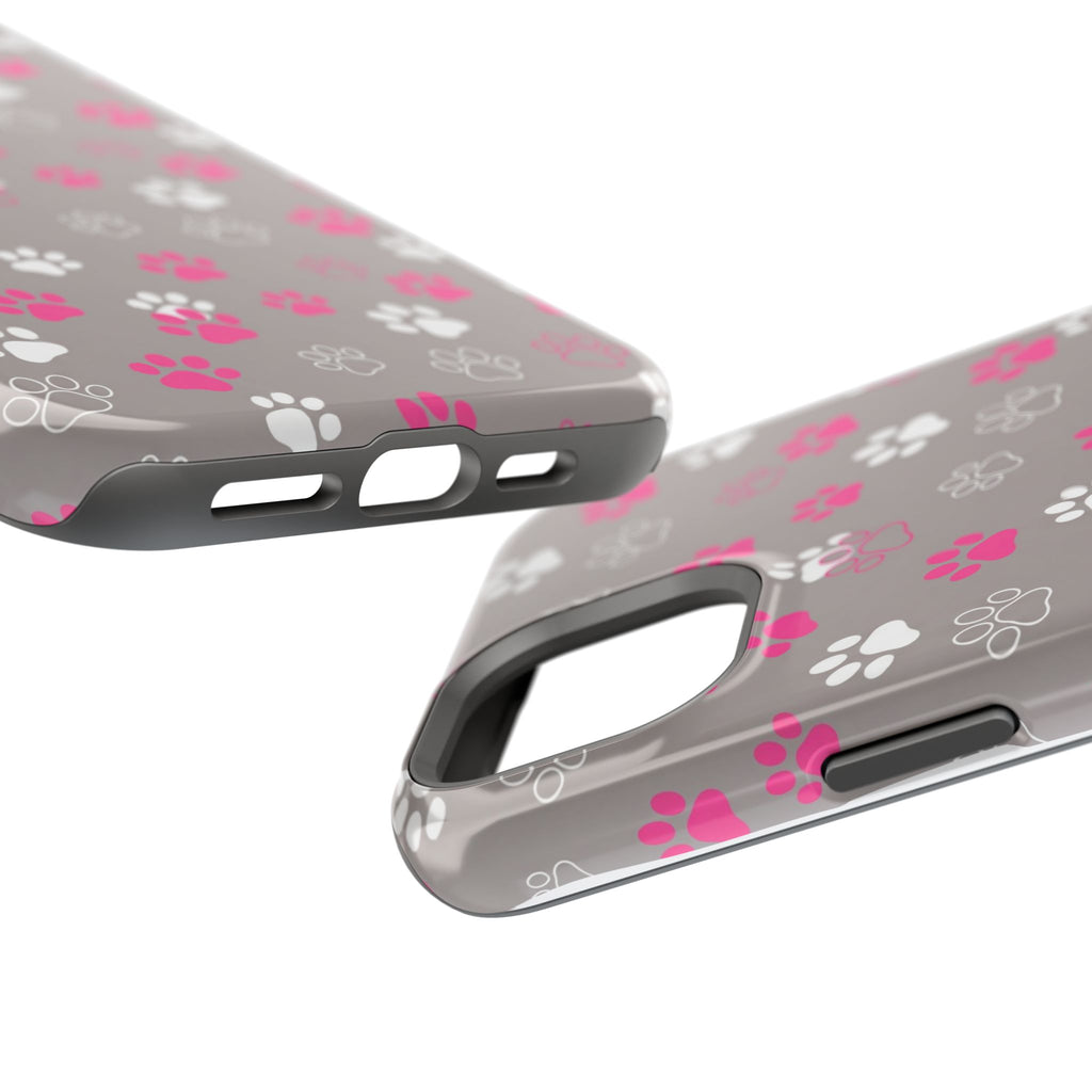 Pink & White Paw Print Phone Case — Impact-Resistant Wireless Charging Cover