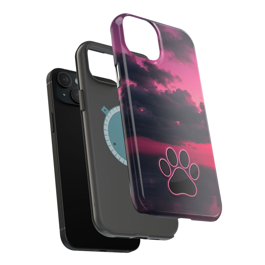 iPhone & Samsung Magnetic Impact-Resistant Phone Case — Pink Twilight Cloud with Paw Print