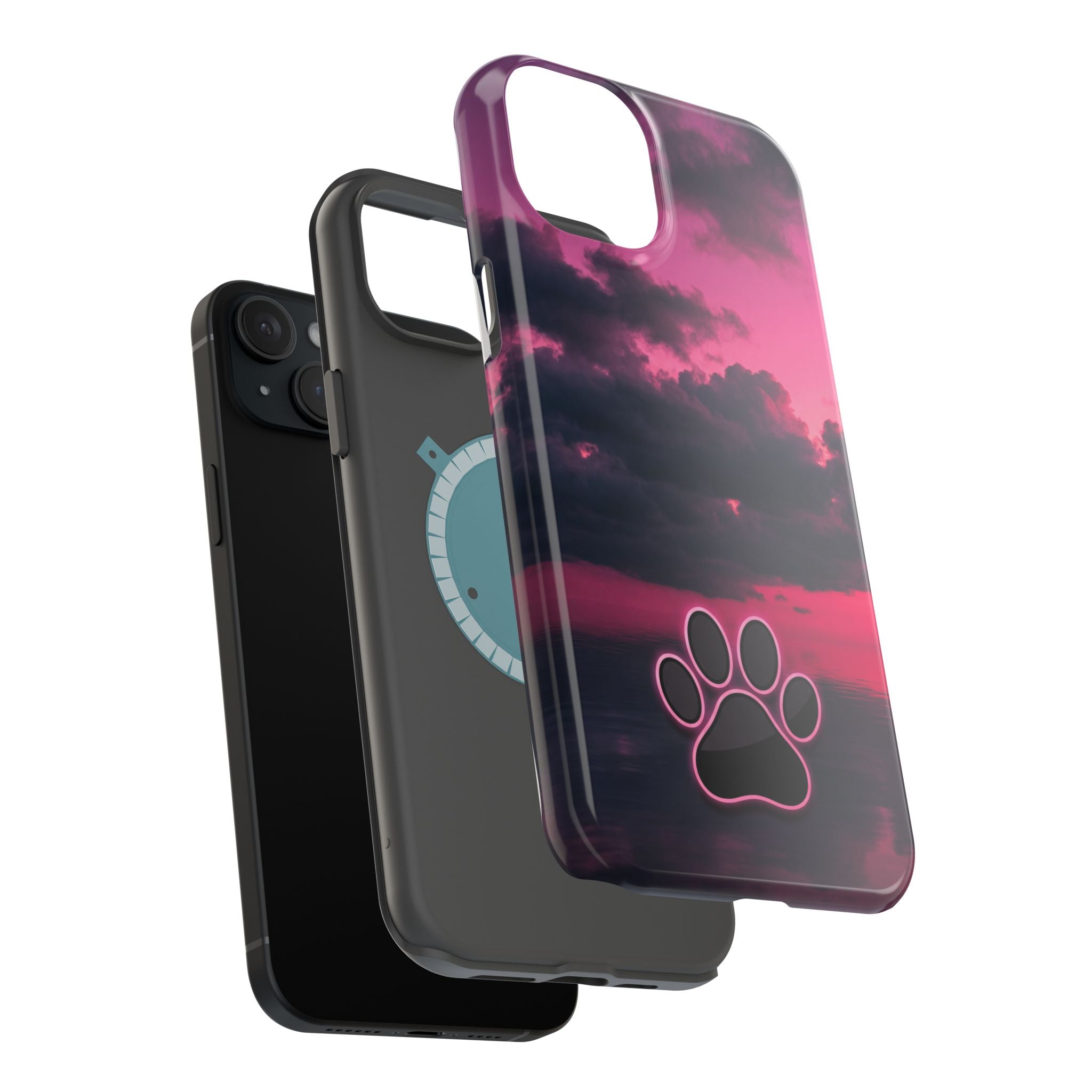 iPhone & Samsung Magnetic Impact-Resistant Phone Case — Pink Twilight Cloud with Paw Print