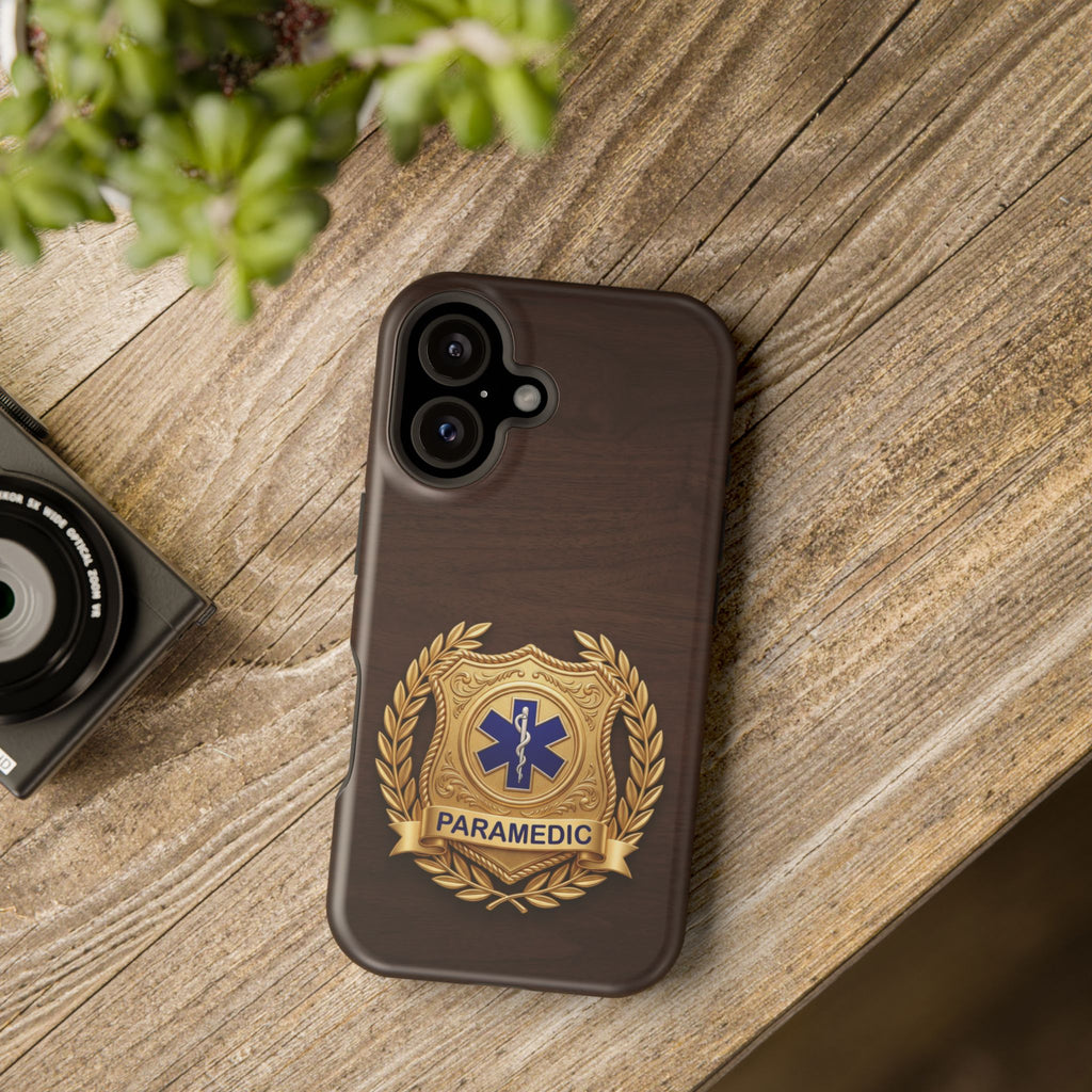 Gold Paramedic Laurel Badge Wood Phone Case — Magnetic Wireless Charging Cover